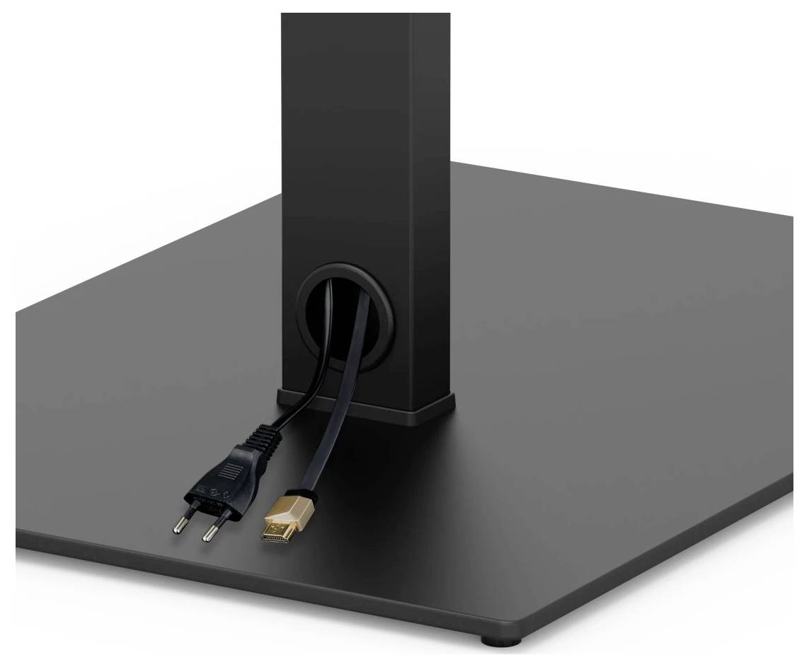 Schwarzes rechteckiges elektronisches Gerät auf einem Sockel mit zwei Kabeln, die durch eine hintere Anschlussbuchse verbunden sind: ein zweipoliger Stromstecker und ein USB-Kabel.