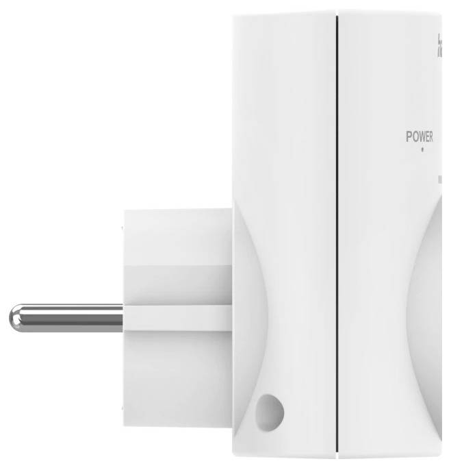 Weiß montiertes Wandstecker-Gerät mit Stromanzeige, dargestellt in Produktansicht vor einfachem Hintergrund.