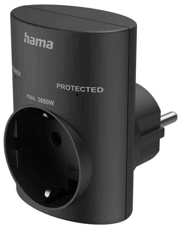 Schwarzer Hama Stecker-Stromadapter mit einer vorderen Steckdose, beschriftet mit „PROTECTED