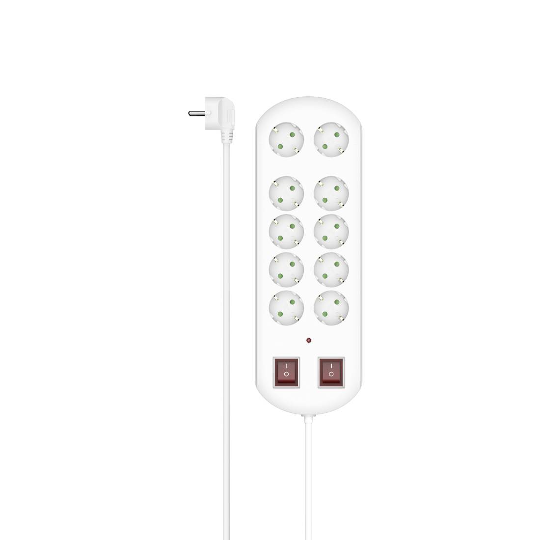 Weiße Steckdosenleiste mit zehn runden Steckdosen, zwei roten Ein-/Ausschaltern und einem weißen Stecker und Kabel auf einfachem Hintergrund.