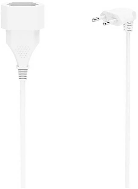 Weißer zweipoliger Elektrostecker mit angebrachtem Kabel, dargestellt in Front- und Schrägansicht auf schllichtem Hintergrund.