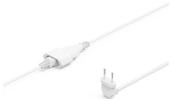 Weiße Stromverlängerungsschnur mit Steckeraufsatz und Inline-Stecker, dargestellt vor einem schlichten weißen Hintergrund.