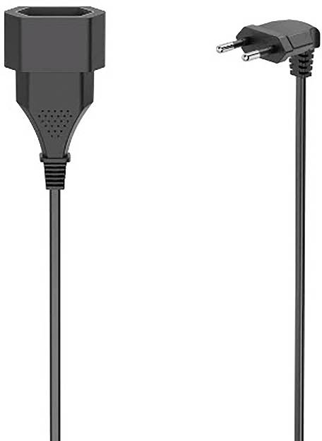 Schwarzes Stromkabel mit zweipoligem europäischem Stecker an einem Ende und rechteckigem Gerätestecker am anderen Ende, gezeigt auf weißem Hintergrund.