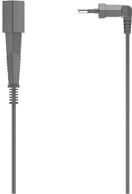 Stromkabel mit Rechtwinklenstecker mit Hohlstecker und rechteckigem Anschluss auf einfachem weißem Hintergrund.