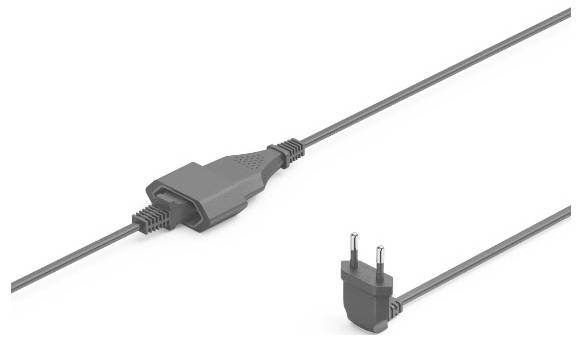 Bild eines grauen elektrischen Stromkabels mit einer geformten Steckdose und einem Inline-Stecker, dargestellt auf weißem Hintergrund.