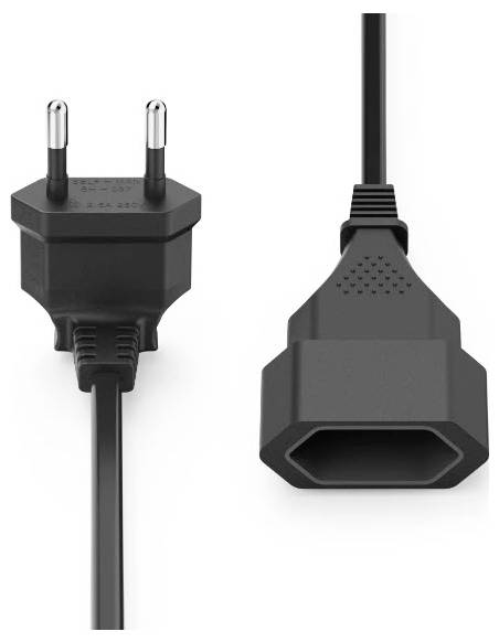 Schwarzer zweipoliger Stromstecker mit angebrachtem Kabel, dargestellt in Front- und schräger Seitenansicht auf weißem Hintergrund.