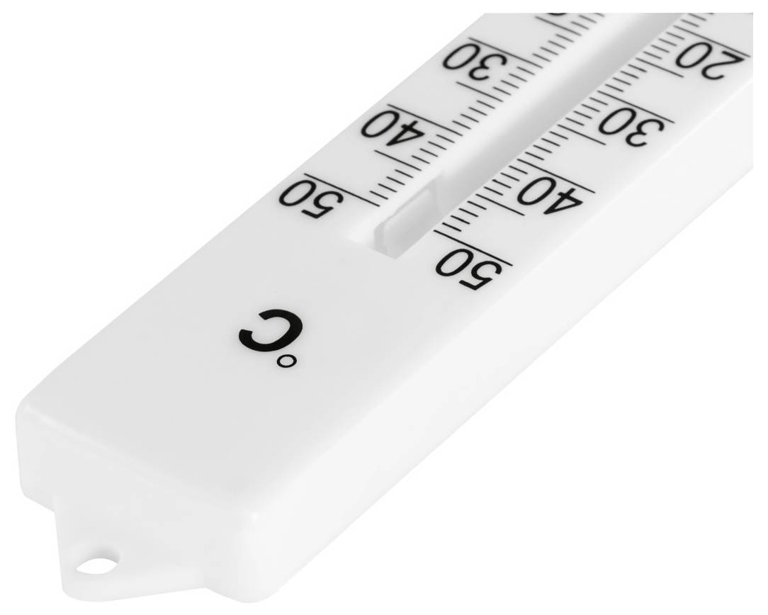 Weißes Celsius-Thermometer mit einer Skala von 20-50, diagonal gegen einen einfachen Hintergrund dargestellt.