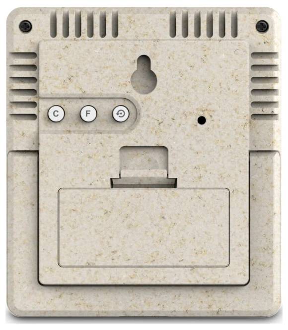 Frontansicht eines beigen Wandthermostats oder Bedienfelds mit einer kleinen Displayabdeckung, drei Tasten, Lüftungsschlitzen und Befestigungsschraubenlöchern.