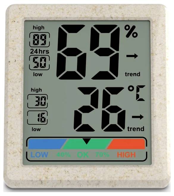 Die Digitalanzeige des Thermometers/Hygrometers zeigt 69% Luftfeuchtigkeit und 26°C an, mit Höchst-/Tiefstwertaufzeichnungen und einer farbigen Komfortskala von NIEDRIG bis HOCH.