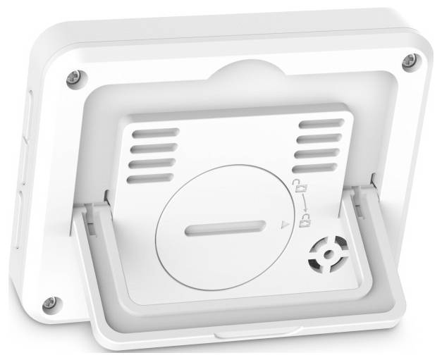 Weiße wandmontierte Thermostat-Steuereinheit mit kreisförmigem Temperaturdrehknopf, Belüftungsschlitzen und seitlichen Schrauben.