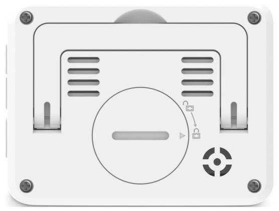 Wandmontiertes digitales Thermostatkontrollgerät mit zentralem Wahlregler und Lüftungsschlitzen, frontal auf einem weißen Bedienfeld dargestellt.
