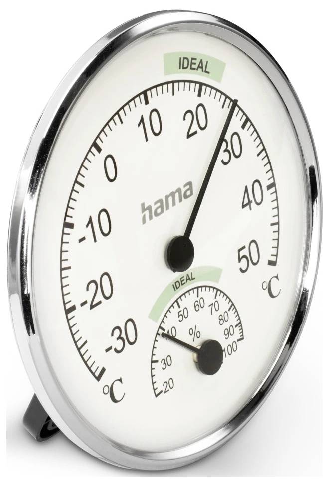 Analoges Thermometer und Feuchtemessgerät mit der Beschriftung „ideal
