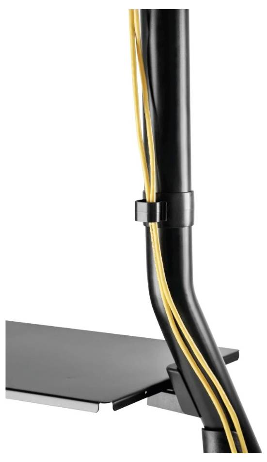 Kabelmanagement-Halterungsclip befestigt gelbe Kabel an einer schwarzen Stützstange neben einem Regal oder Schreibtischkante.