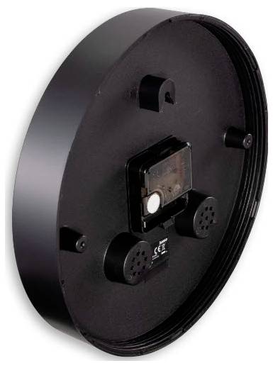 Rückansicht einer runden schwarzen Wanduhr mit Batteriefach, Zeiteinstellknopf und Aufhängehaken.