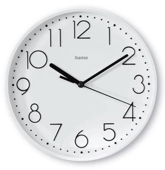 Weiße analoge Wanduhr, die etwa 10:10 anzeigt, mit schwarzen Ziffern und Zeigern sowie einem dünnen Sekundenzeiger.