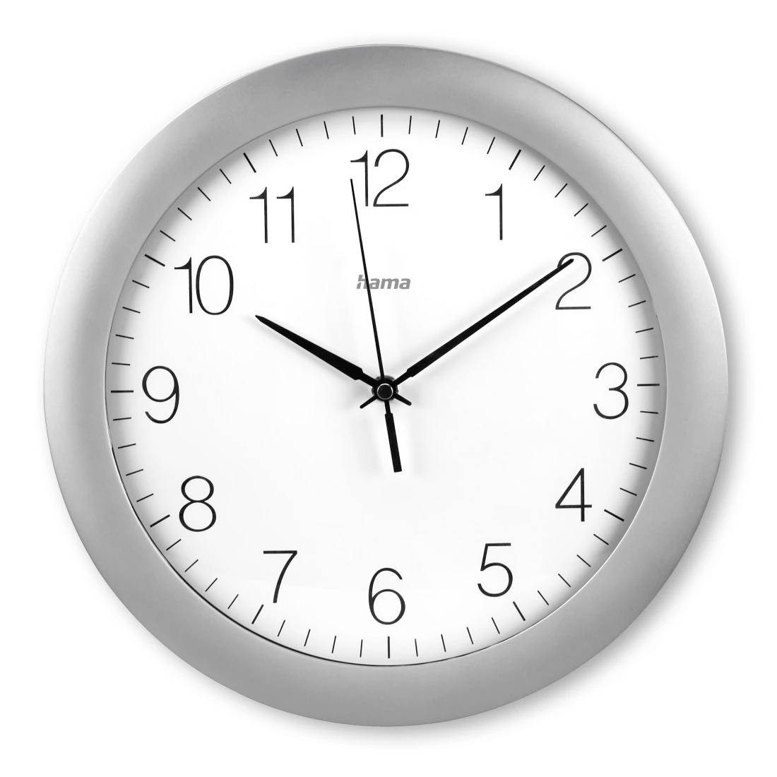 Analoge Wanduhr, die ungefähr 10:10 Uhr anzeigt, mit silbernem Rahmen und weißem Zifferblatt