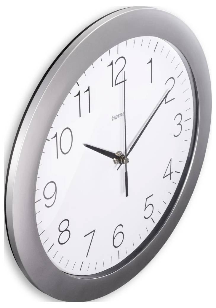 Analoge Wanduhr, die etwa 10:10 anzeigt, mit schwarzen Ziffern und Zeigern auf weißem Zifferblatt in grauem Rahmen.
