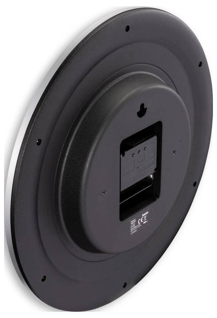 Rückansicht einer runden Wanduhr mit einem Aufhängeschlitz und einem Batteriefach in der Mitte.
