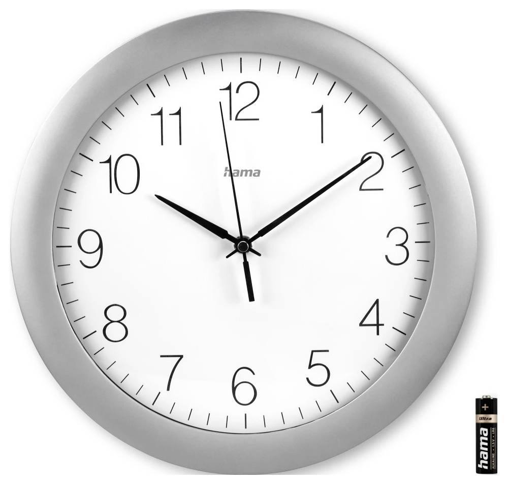 Runde weiße Hama-Wanduhr mit silbernem Rahmen, die ungefähr 10:10 Uhr anzeigt; eine Batterie ist in der unteren rechten Ecke abgebildet.