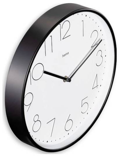 Wandmontierte analoge Uhr mit weißem Zifferblatt und schwarzem Rand, zeigt etwa 10:10 Uhr.