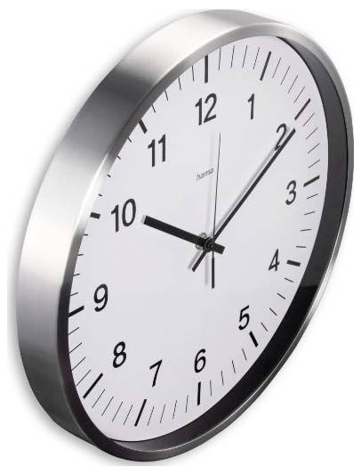 Analoge Wanduhr mit silbernem Rahmen und weißem Zifferblatt, die etwa 10:10 Uhr anzeigt.