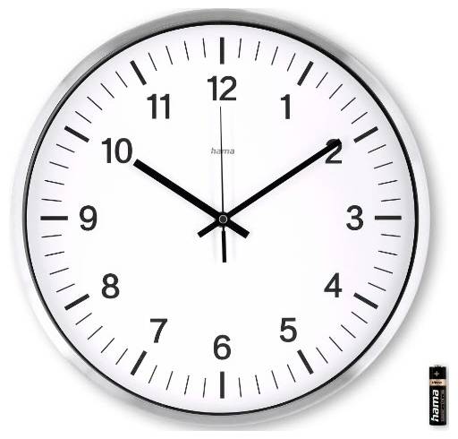 Wanduhr, die etwa 10:10 anzeigt, mit schwarzen Zeigern und Ziffern auf weißem Zifferblatt.