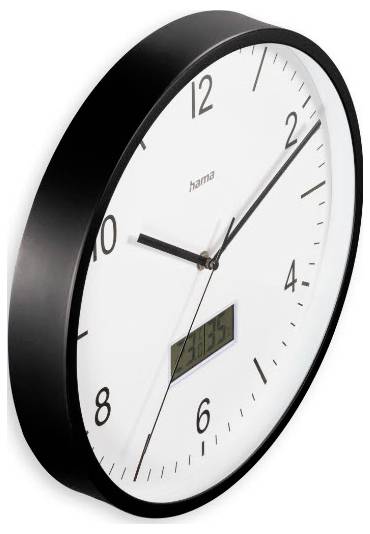 Schwarze Wanduhr mit weißem Zifferblatt und digitaler Zeitanzeige.