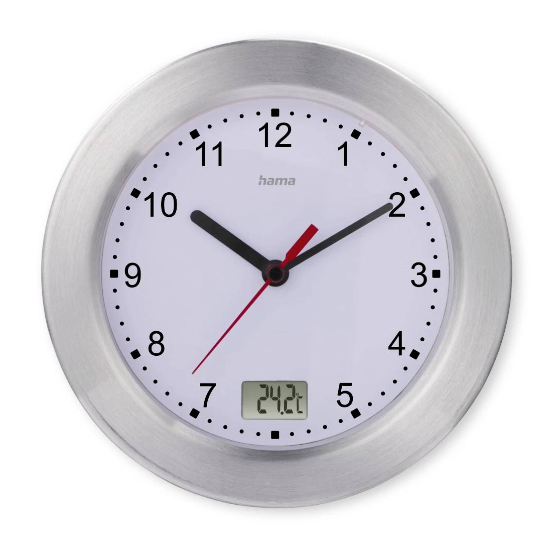 Analoge Wanduhr mit silbernem Rahmen und digitaler Temperaturanzeige mit Messwert 24,2°C