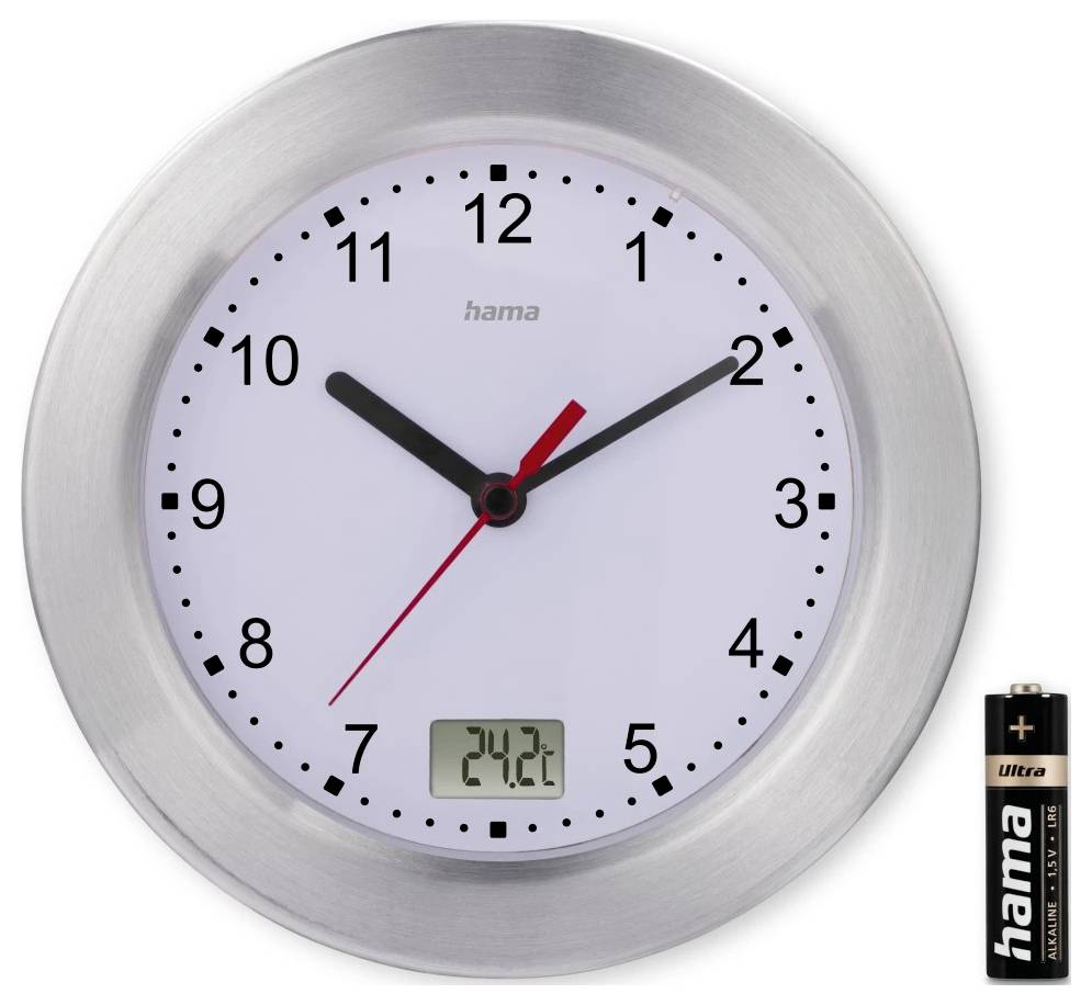 Analoguhr an der Wand mit silbernem Rahmen und weißem Zifferblatt, zeigt etwa 10:10; kleines digitales Display zeigt 24,2°C an, mit einer daneben abgebildeten Batterie.