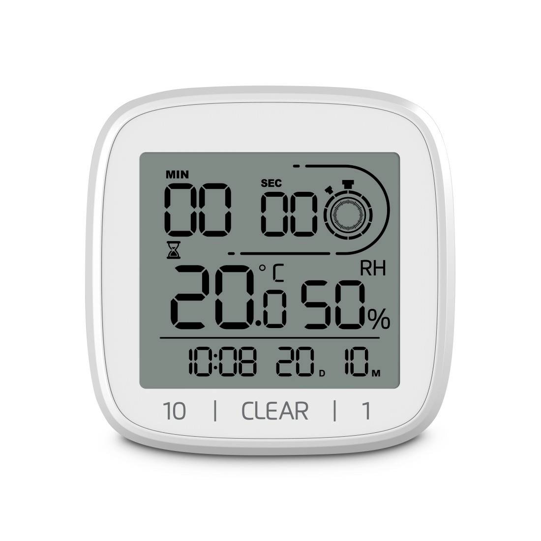 Digitales Thermometer-Hygrometer-Display mit Anzeige von 20,0 °C und 50 % relative Luftfeuchte, mit Min./Sek.-Timer und Löschtaste.