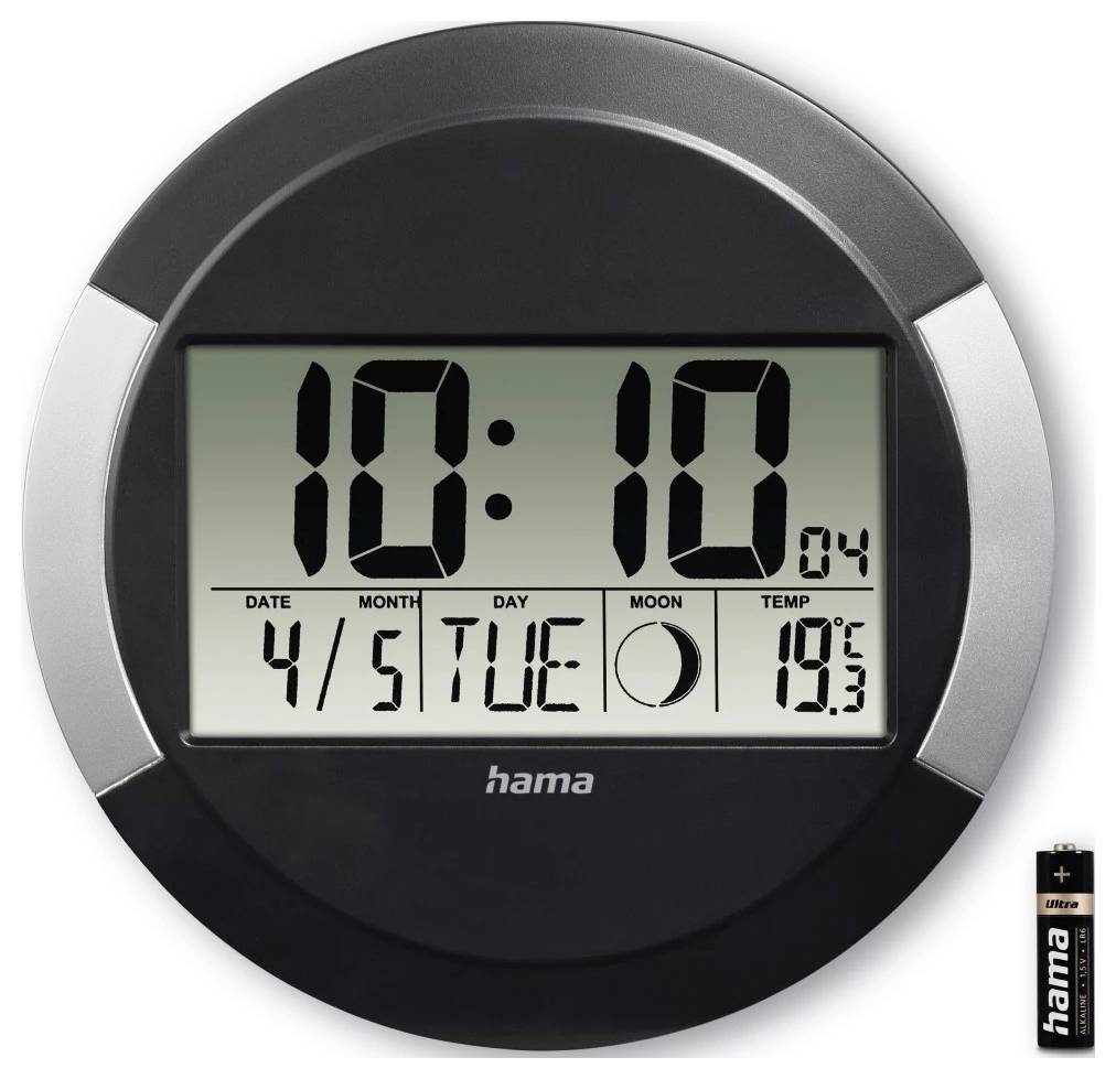 Digitale Wanduhr im Rundformat zeigt 10:10, Datum 4/5 Dienstag, Mondhaseikon und Temperatur 19,3°C; Batterie als Größenvergleich dargestellt.