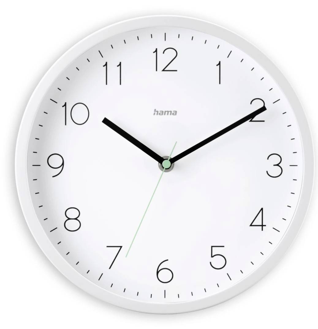 Weiße analoge Wanduhr, die etwa 10:10 anzeigt, mit schwarzen Zeigern und Zahlen sowie einem grünen Sekundenzeiger.