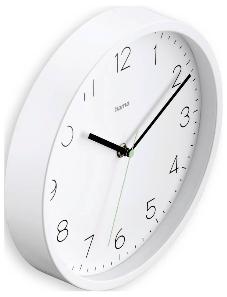 Weiße analoge Wanduhr mit schwarzen Ziffern und Zeigern, zeigt etwa 9:10 Uhr an, auf einfachem hellem Hintergrund.