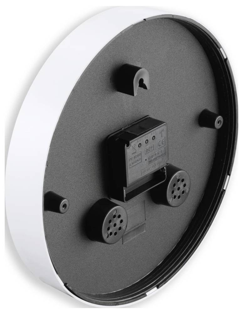 Rückseite einer runden Wanduhr mit sichtbarem Befestigungszubehör und Batteriefach.