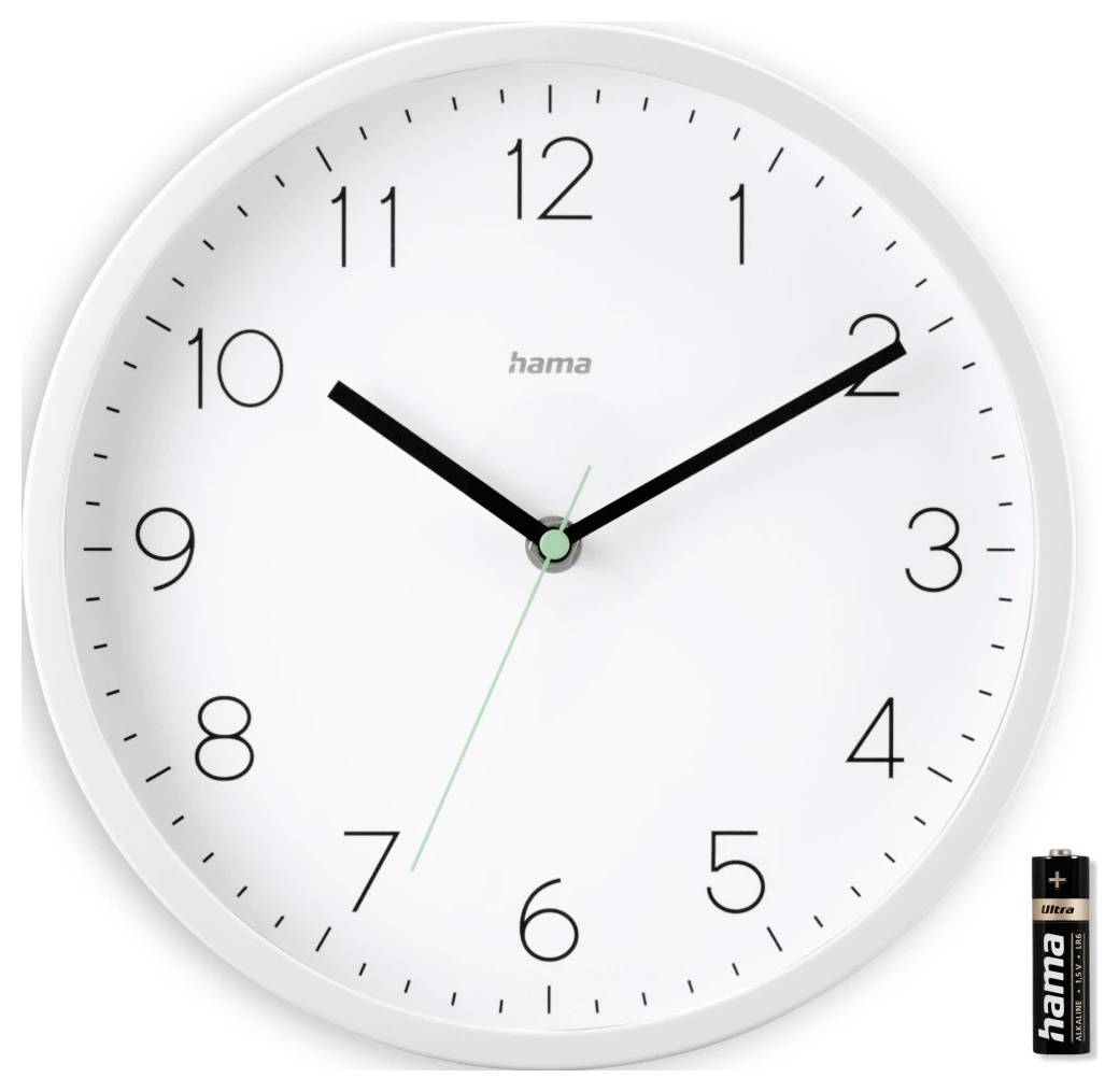 Weiße runde analoge Wanduhr mit schwarzen Zahlen und Zeigern, die ungefähr 10:10 anzeigen; eine AA-Batterie unten rechts abgebildet.