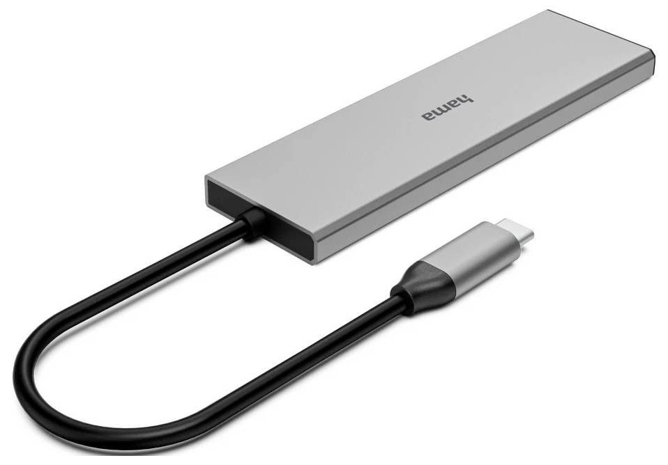 Silber Hama USB-C-Hub/Dockingadapter mit angeschlossenem Kabel und USB-C-Anschluss auf weißem Hintergrund.