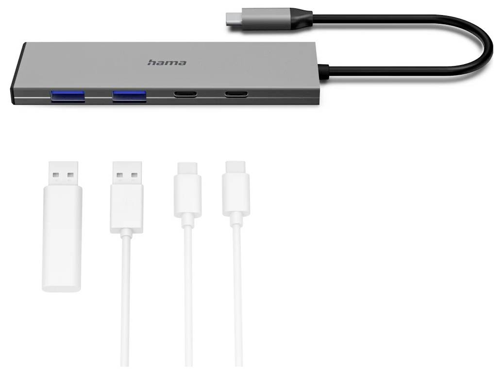 Grauer USB-C-Hub mit zwei USB-A-Anschlüssen und zwei USB-C-Anschlüssen, gezeigt über vier mitgelieferten Adaptern/Kabeln auf weißem Hintergrund.