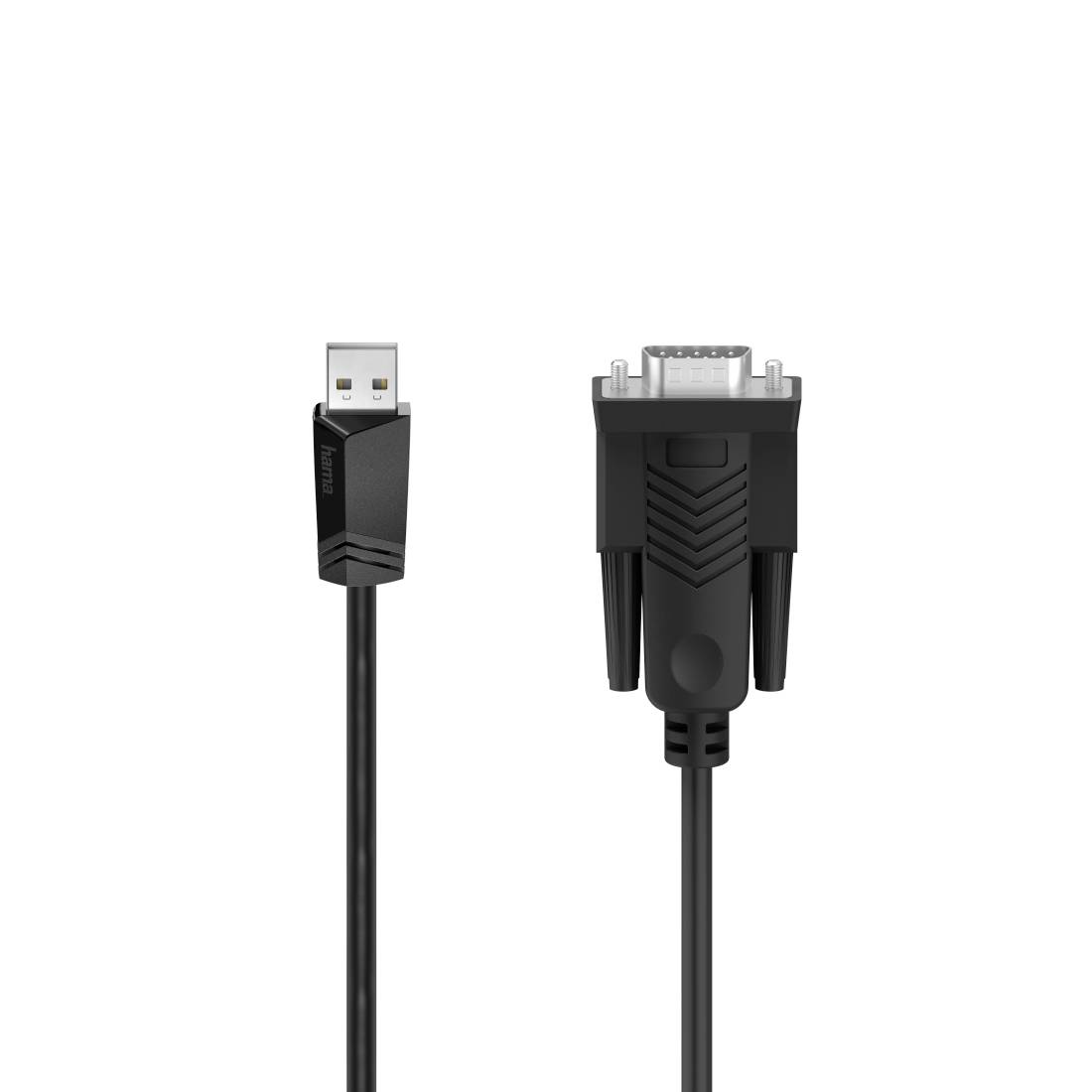 Schwarzes USB-Kabel mit USB-A-Stecker auf der einen Seite und VGA-Anschluss auf der anderen Seite, gezeigt auf weißem Hintergrund.