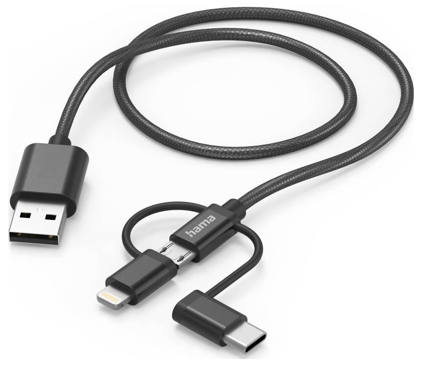 USB-Ladekabel mit USB-A-Stecker und austauschbaren Lightning- und USB-C-Steckern, Marke Hama.