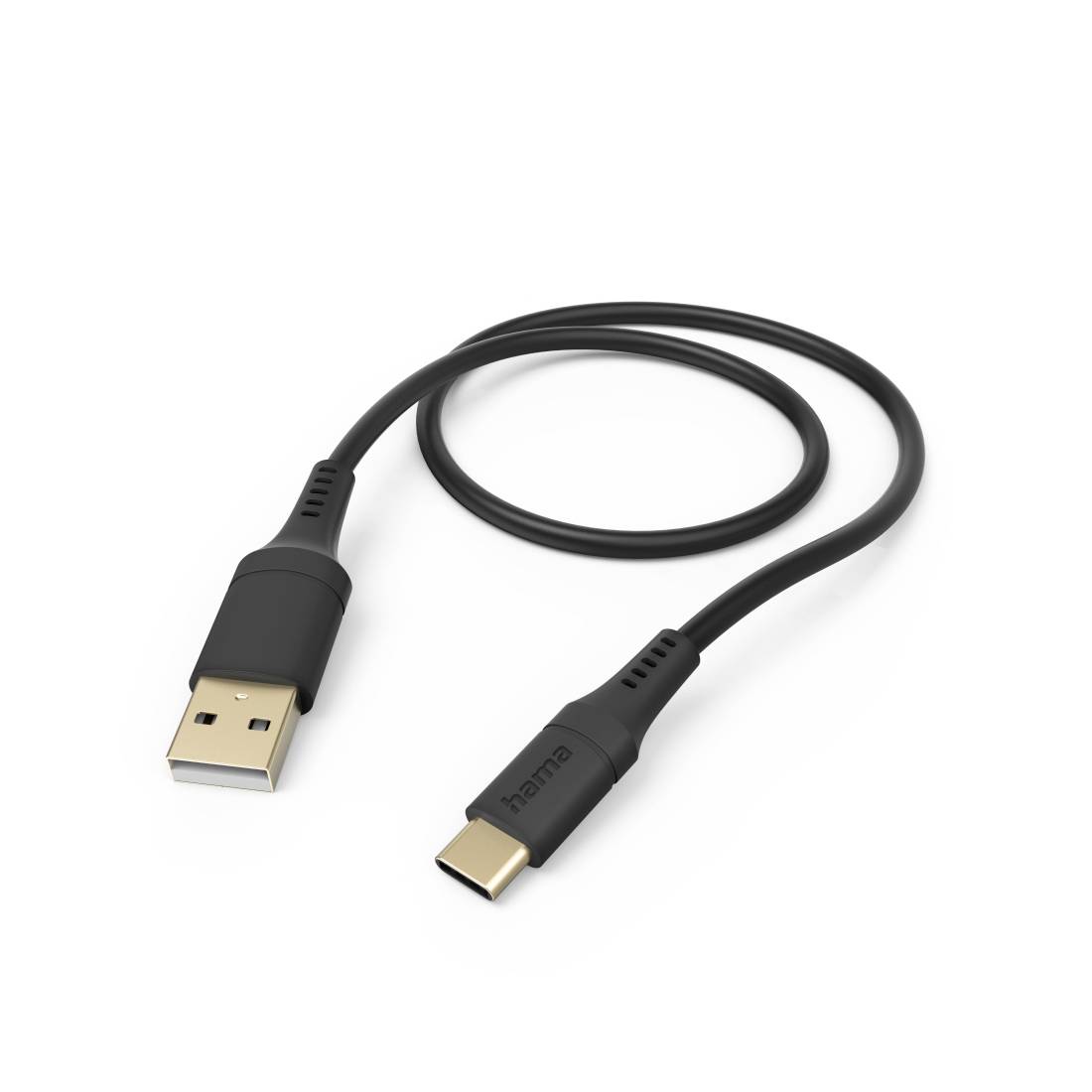 Schwarzes USB-A-auf-USB-C-Kabel auf weißem Hintergrund