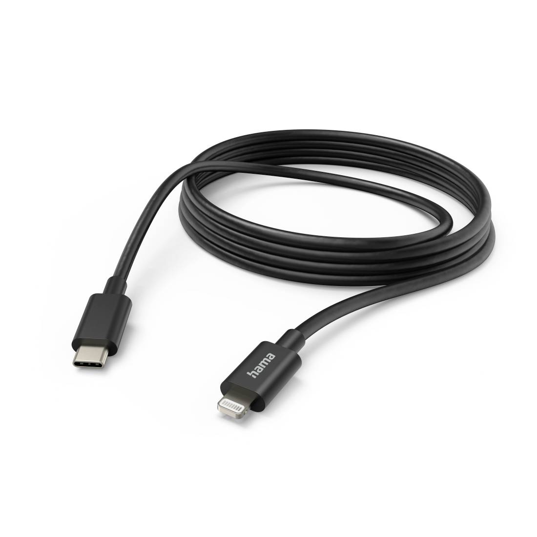 Schwarzes USB-C-zu-Lightning-Ladekabel aufgerollt auf weißem Hintergrund, mit „hama