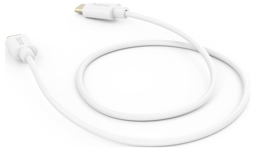 Weißes USB-C-auf-Lightning-Ladekabel aufgerollt auf weißem Hintergrund.