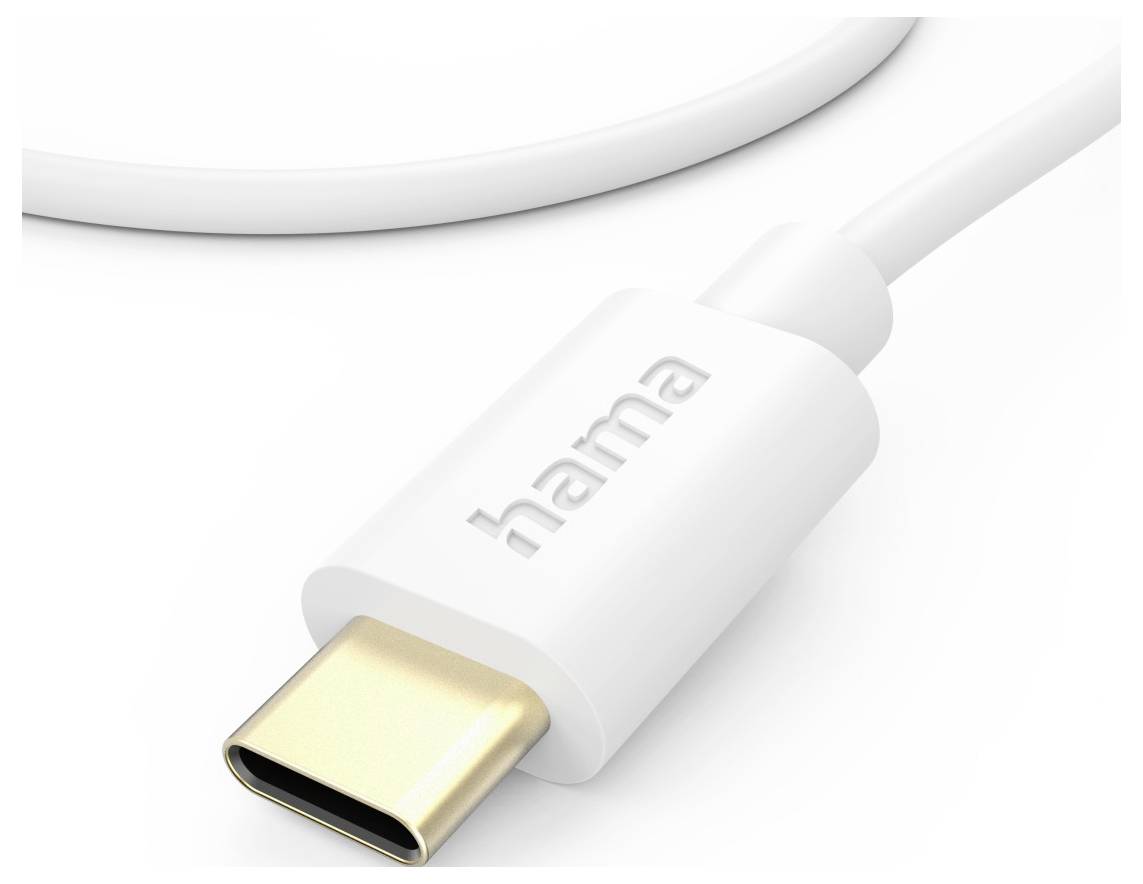 Nahaufnahme eines weißen USB-C-Kabels mit goldenem Anschluss, mit der Marke „hama