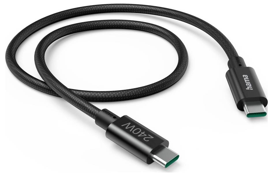 Schwarzes geflochtenes USB-C-Kabel mit 240-W-Kennzeichnung, aufgerollt mit USB-C-Steckern an beiden Enden dargestellt.