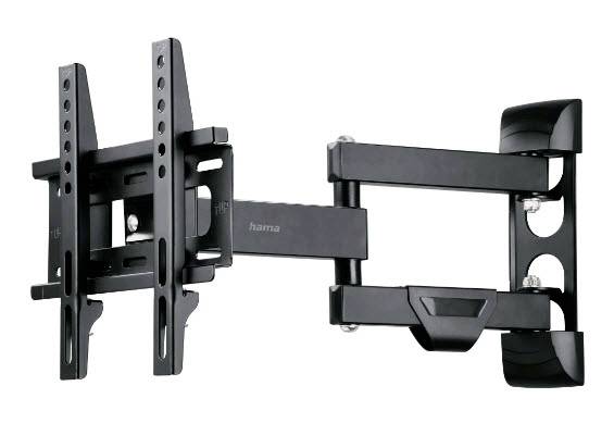 Schwarze verstellbare Wandhalterung für Fernseher mit Auslegern und neigbarer VESA-Platte, isoliert auf weißem Hintergrund dargestellt.
