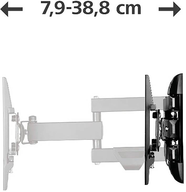 Verstellbare TV-Wandhalterung in der Seitenansicht dargestellt, mit gekennzeichnetem Ausziehbereich von 7,9-38,8 cm zwischen dem Fernseher und der Wand.