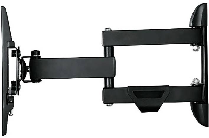 Schwarze Gelenkarm-Doppelarm-Wandhalterung für Fernseher in ausgefahrenem Profil dargestellt, mit einer Halterung auf der linken Seite und der Rückplatte auf der rechten Seite.