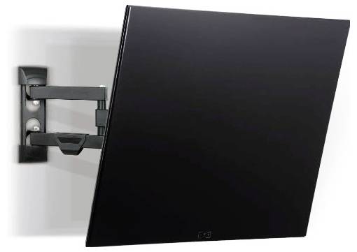 Schwarzer Flachbildfernseher an der Wand montiert mit einem verstellbaren Schwenkarm, in Seitenansicht vor weißem Hintergrund dargestellt.