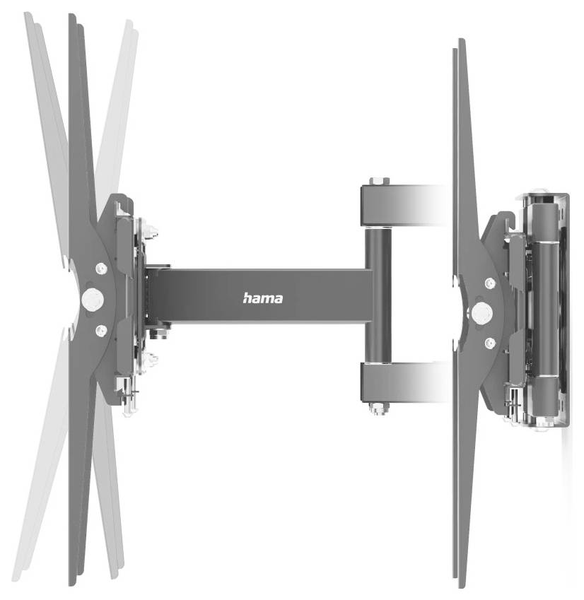 Seitenansicht einer Hama Dual-Arm-TV-Wandhalterung mit VESA-Halterungen und Gelenkverbindungen für flexible Bildschirmpositionierung.
