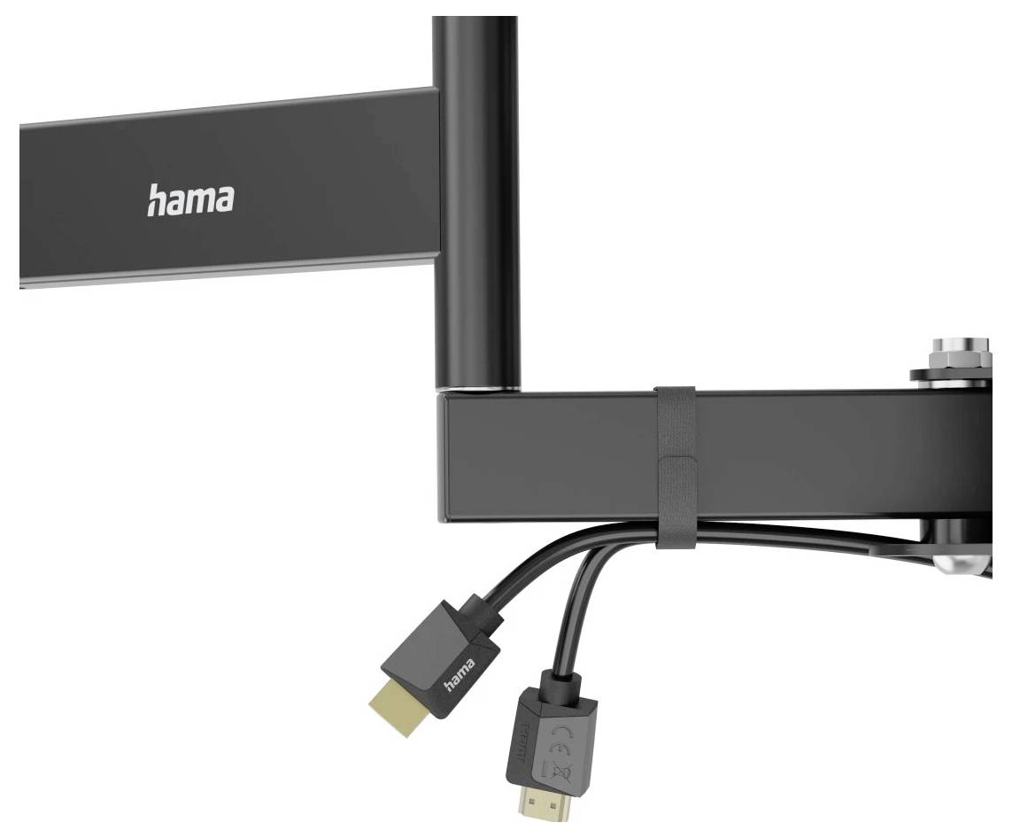 Hama schwarzer Monitorarm mit angeschlossenen HDMI- und DisplayPort-Kabeln, die unter der Halterung hängen.